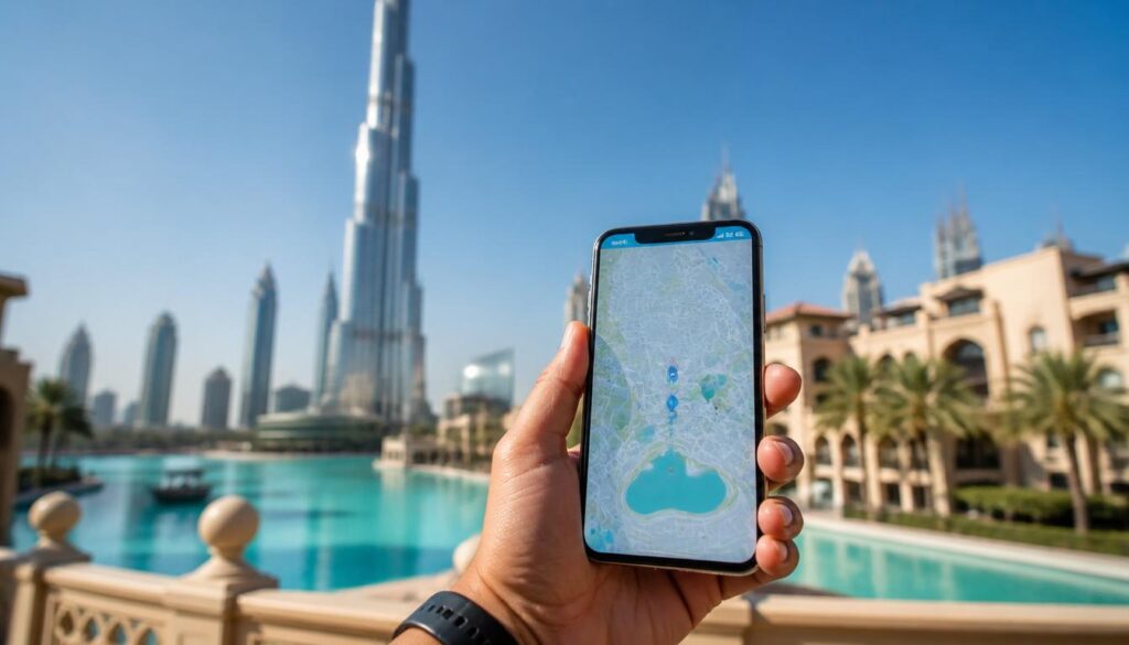 eSIM em Dubai nos Emirados Árabes: Qual Escolher? Como Ativar? Turista utilizando smartphone com rede 5G ativa em Dubai, com o Burj Khalifa ao fundo.