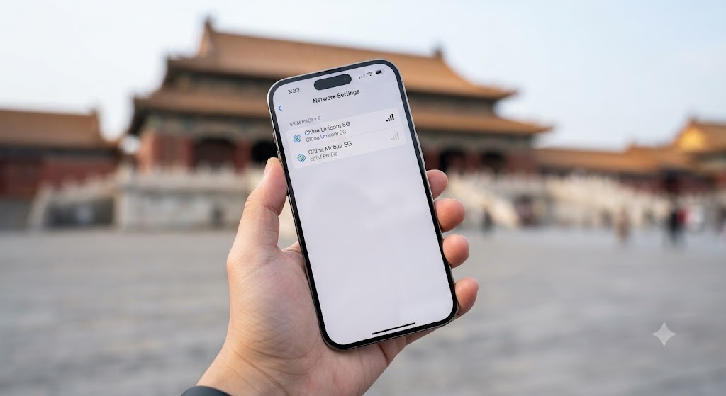 eSIM na China em 2026: Qual o Melhor? Como Burlar o Bloqueio? Mão segurando smartphone com tela de configuração de eSIM ativa e sinal 5G, com a Cidade Proibida ao fundo em Pequim.