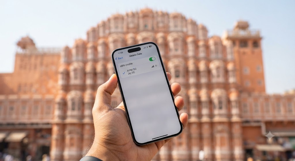 eSIM na Índia em 2026: conectividade para turistas Turista usando smartphone com eSIM ativo e sinal 5G, com o Taj Mahal ao fundo na Índia
