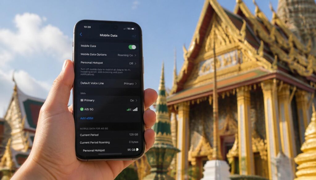 eSIM na Tailândia em 2026: Qual o Melhor? Como Ativar na Chegada Mão segurando smartphone com tela de configuração de eSIM ativa e sinal 5G, com um templo budista tradicional ao fundo em Bangkok.