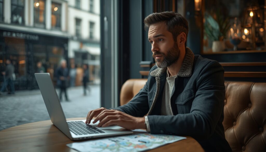 Quanto Custa Viajar para a Irlanda em 2026? Custos Reais e Dicas Um viajante planejando os custos de uma viagem para a Irlanda com um notebook e guias de turismo em uma mesa moderna.