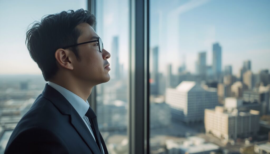 Um profissional contemplando o horizonte corporativo de uma grande cidade canadense a partir de um escritório moderno e iluminado.