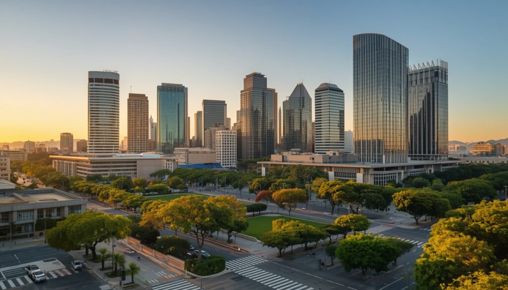 Paisagem urbana de Montevidéu ao entardecer com edifícios modernos e uma praça arborizada.