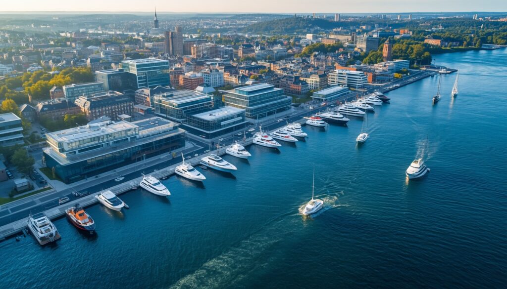 As Melhores Cidades para Trabalhar na Noruega em 2026: Vagas por Área Vista aérea moderna de Oslo com arquitetura escandinava e barcos ancorados no fiorde.