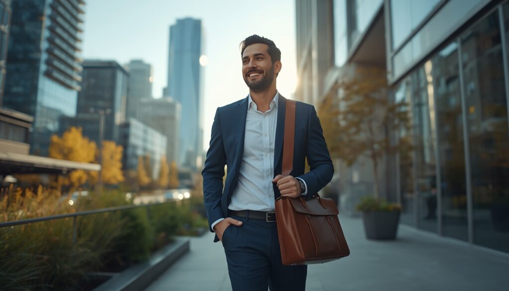 As Melhores Cidades para Trabalhar nos Estados Unidos em 2026 Um profissional sorridente caminhando com confiança por uma avenida moderna em uma grande metrópole americana com edifícios corporativos.