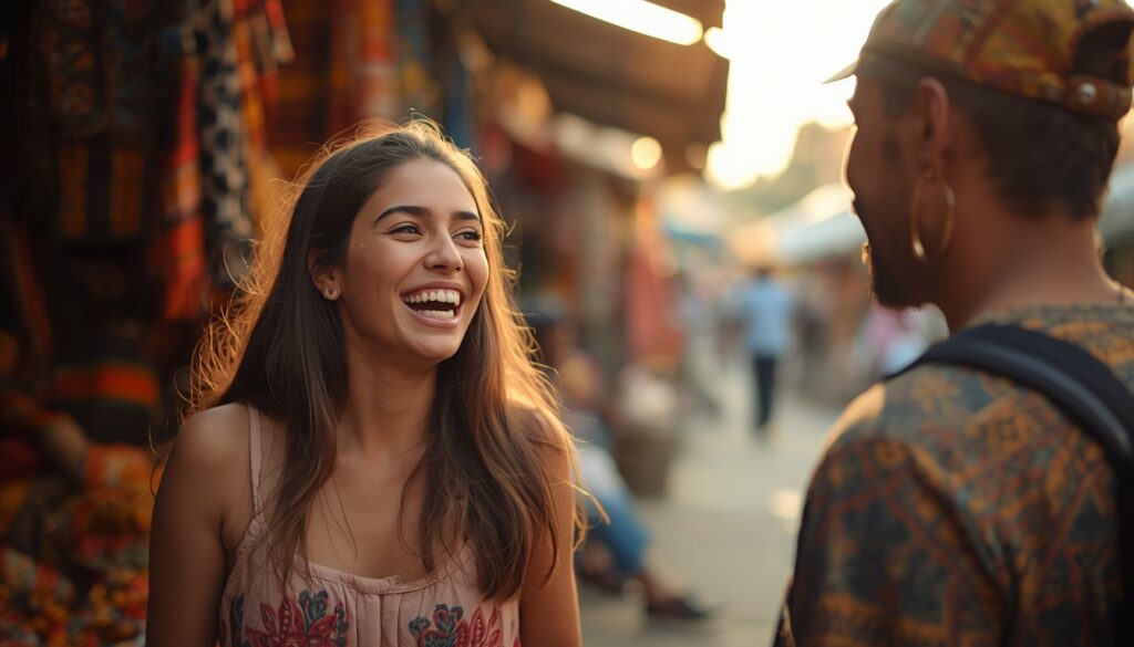 Um viajante brasileiro interagindo de forma positiva em um mercado cultural vibrante na África, simbolizando a ponte entre as duas culturas.