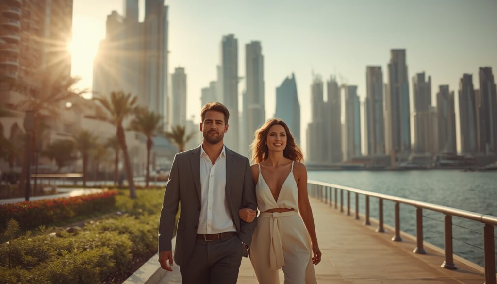 Morar em Dubai nos Emirados Árabes: Custo de Vida e Vistos Casal sorridente caminhando pela marina de Dubai com arranha-céus luxuosos ao fundo.