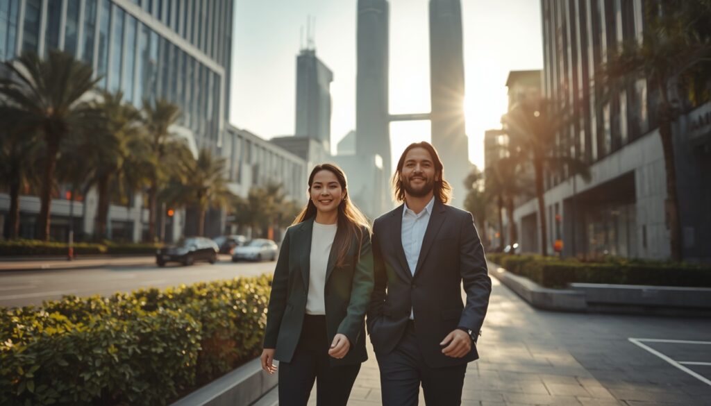 Morar na China em 2026: Custo de Vida, Vistos e Desafios Casal de expatriados caminhando em uma rua moderna e arborizada em Xangai.