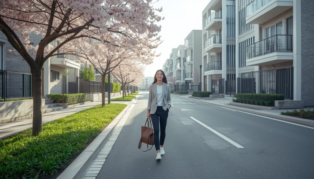Morar na Coreia do Sul em 2026: Custo de Vida, Vistos e Guia Uma pessoa sorridente caminhando por um bairro residencial moderno e arborizado em Seul, com prédios elegantes e tecnologia urbana ao fundo.