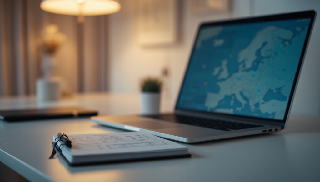 Morar na Europa Gastando Menos de R$ 6.000 em 2026? Top 5 Países Um jovem planejando finanças com mapa da Europa ao fundo e um notebook em ambiente aconchegante.