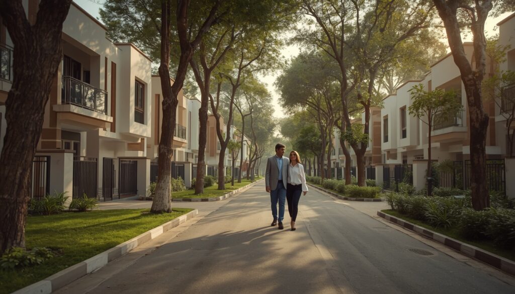 Morar na Índia em 2026: Custo de Vida, Choque Cultural e Vistos Casal de expatriados em um bairro residencial moderno em Nova Delhi com arquitetura contemporânea.