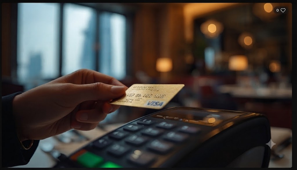 Cartão Nomad em Dubai nos Emirados Árabes: Funciona? Vale a Pena? Cartão de conta global Nomad sendo utilizado para pagamento em um restaurante moderno em Dubai.