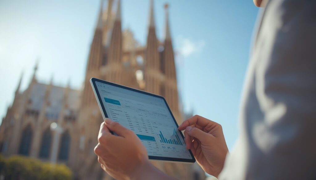 Quanto Dinheiro Você Precisa Para Viajar para a Espanha em 2026? Turista calculando gastos de viagem em um tablet com a Sagrada Família ao fundo em Barcelona.