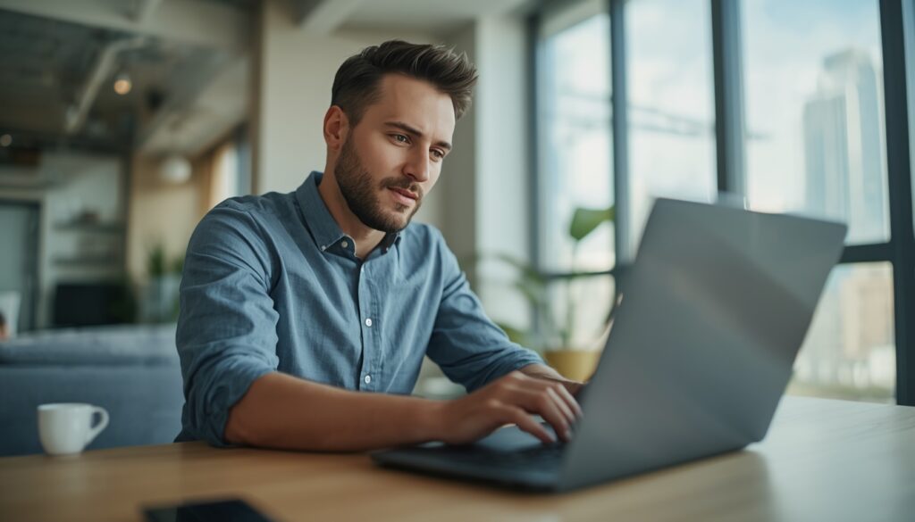 Um profissional analisando em seu notebook a conversão do salário mínimo do Canadá para reais brasileiros em um escritório corporativo moderno.