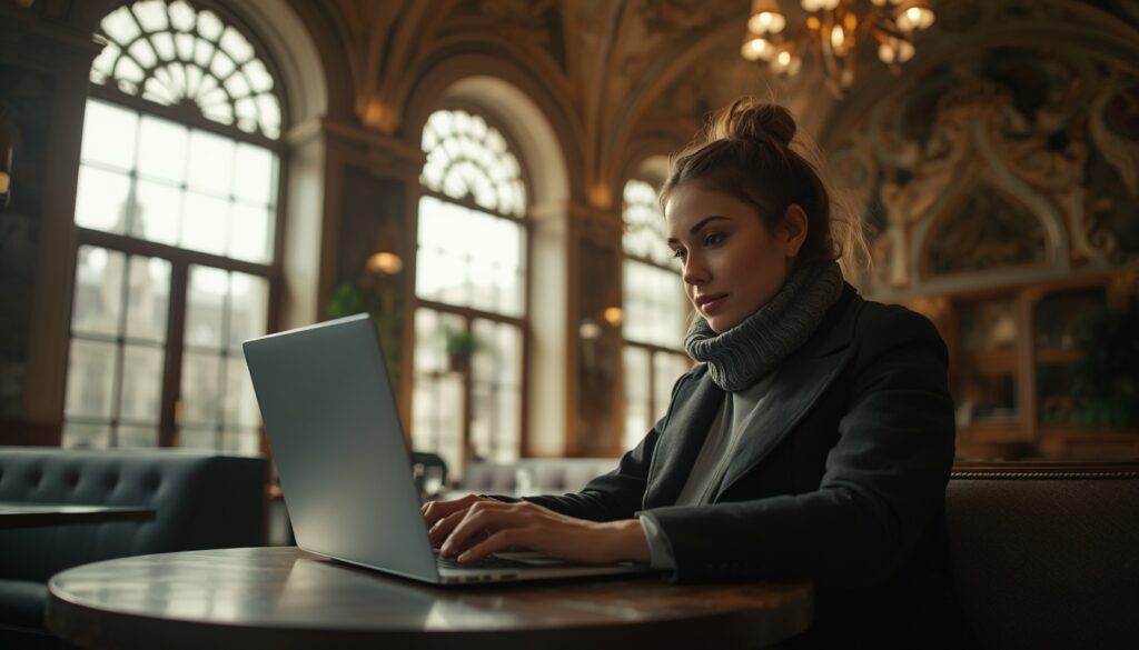 Um profissional trabalhando remotamente em uma cafeteria moderna em Riga, Letônia, com a arquitetura Art Nouveau ao fundo, simbolizando a mistura de tradição e tecnologia na Europa.