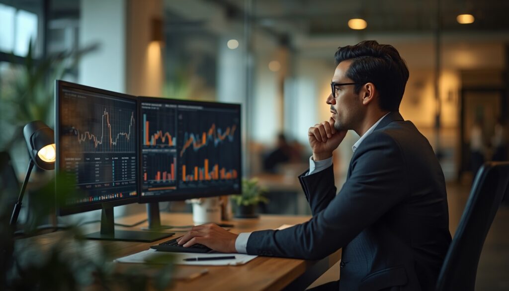 Um profissional analista revisando gráficos financeiros e dados de custo de vida em uma tela digital em um ambiente corporativo moderno.