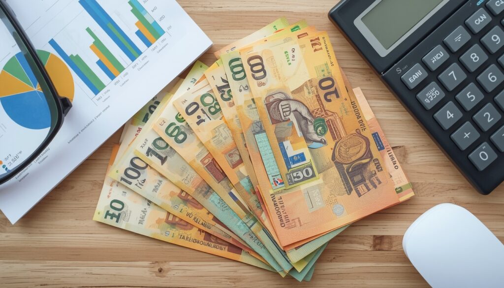 Cédulas de moeda uruguaia e reais organizadas ao lado de uma calculadora moderna e anotações financeiras em uma mesa.