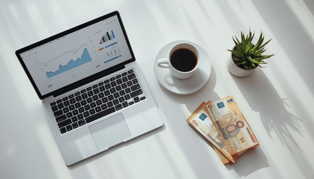 Salário Mínimo na Noruega em Reais: Valores por Hora e Setor em 2026 Mesa de trabalho moderna em estilo escandinavo com laptop exibindo gráficos financeiros e notas de coroas norueguesas.