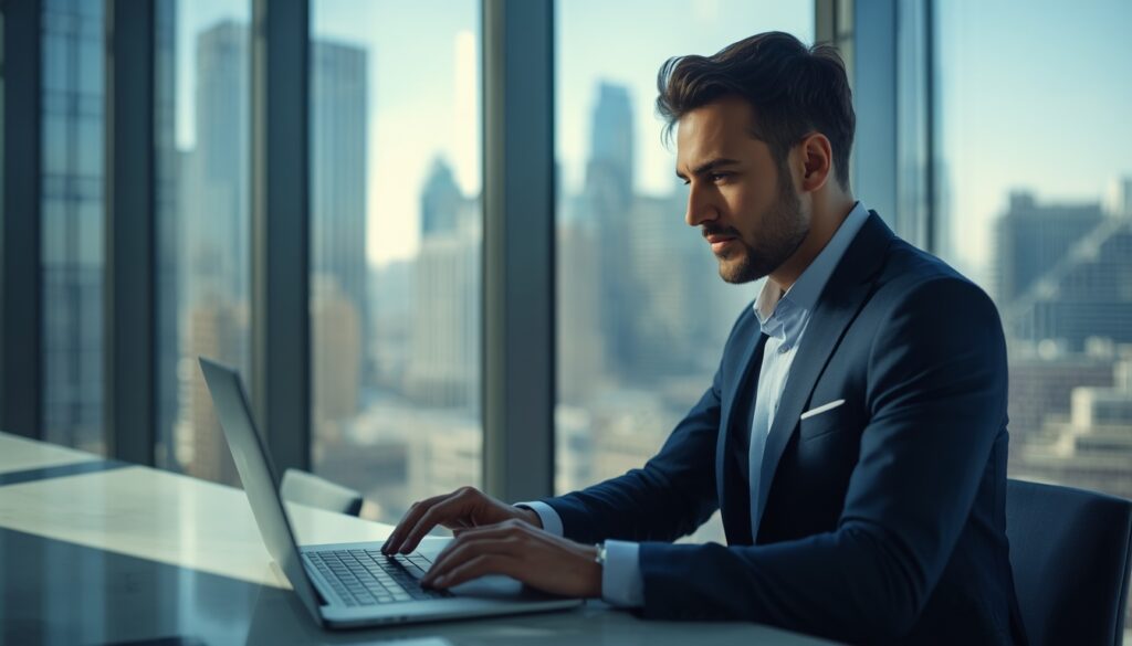 Um profissional analisando cotações de moedas e gráficos financeiros em um notebook de alta performance em uma estação de trabalho moderna.