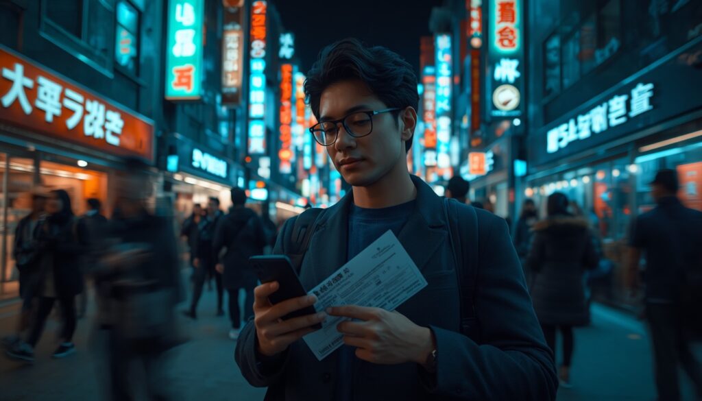Seguro Viagem para Coreia do Sul em 2026: É Obrigatório? Um viajante consultando um app de seguro viagem em seu smartphone enquanto caminha pelas ruas iluminadas e futuristas de Seul, transmitindo tranquilidade e controle.