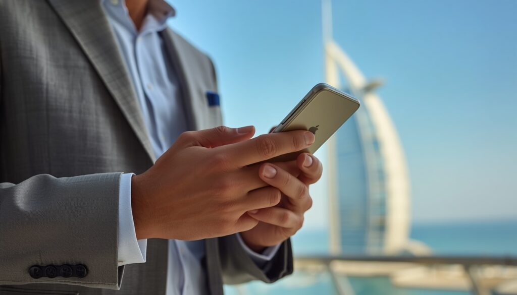 Seguro Viagem para Dubai nos Emirados Árabes: É Obrigatório? Turista verificando apólice de seguro viagem em smartphone com o Burj Al Arab ao fundo em Dubai.