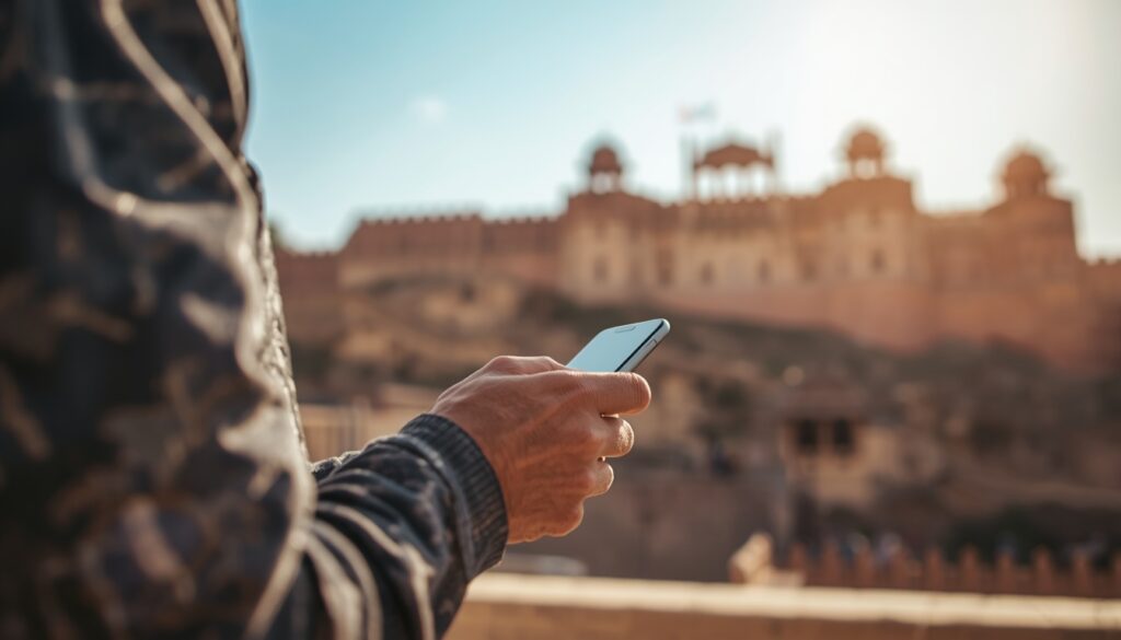 Seguro Viagem para Índia: É Obrigatório? Qual Escolher? (2026) Viajante consultando informações de seguro viagem em um smartphone com o Forte de Amber ao fundo em Jaipur.