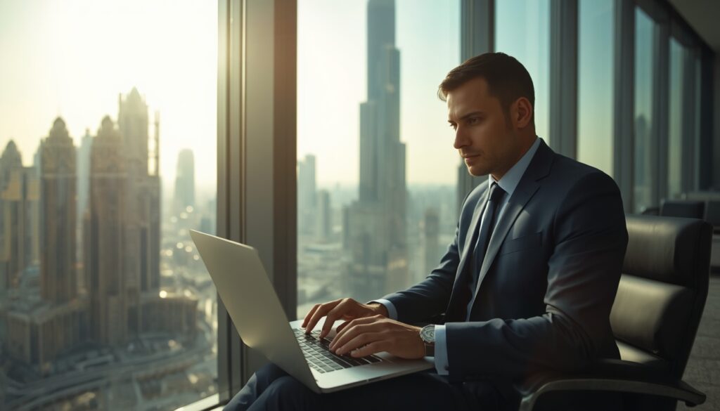Trabalhar em Dubai nos Emirados Árabes: Vagas, Visto e Regras Profissional em ambiente de escritório de luxo com vista para o skyline de Dubai.