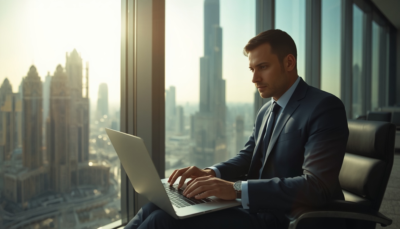 Profissional brasileiro trabalhando em escritório moderno em Dubai com vista para os arranha-céus