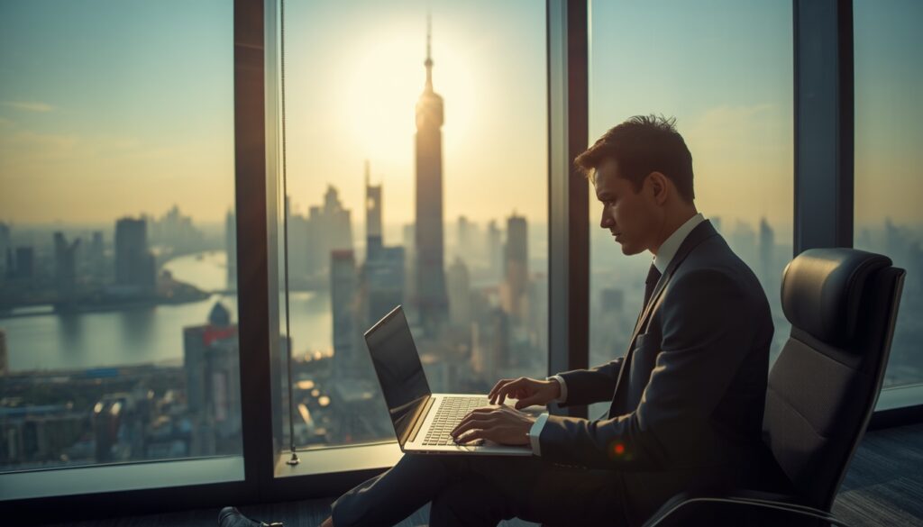 Trabalhar na China em 2026: Vagas, Visto Z e Mercado para Estrangeiros Executivo em ambiente de trabalho moderno com vista para o skyline de Xangai.