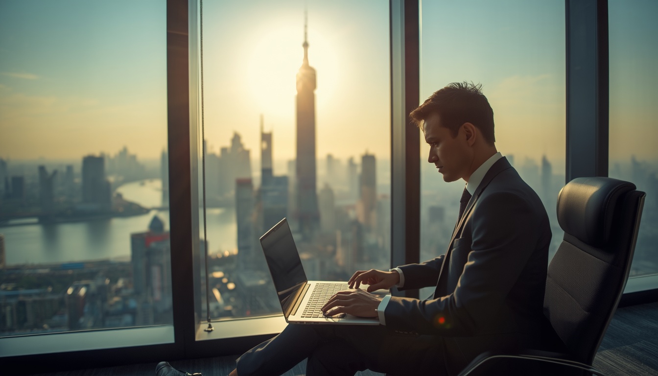 Trabalhar na China em 2026: carreira internacional no mercado global Profissional brasileiro trabalhando na China em escritório moderno