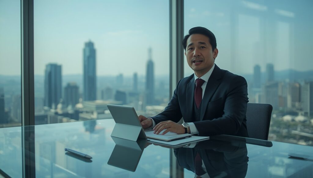 Trabalhar na Coreia do Sul em 2026: Vagas, Vistos e Regras Um executivo em uma reunião de negócios em um escritório de alta tecnologia em Seul, com a cidade moderna ao fundo, simbolizando ambição e carreira internacional.
