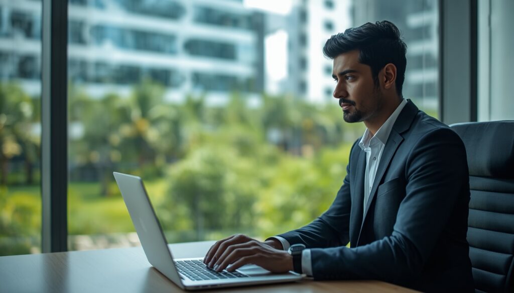 Trabalhar na Índia em 2026: Vagas, Visto de Trabalho e Mercado Executivo em ambiente de escritório moderno em Bangalore com vista para o centro tecnológico.