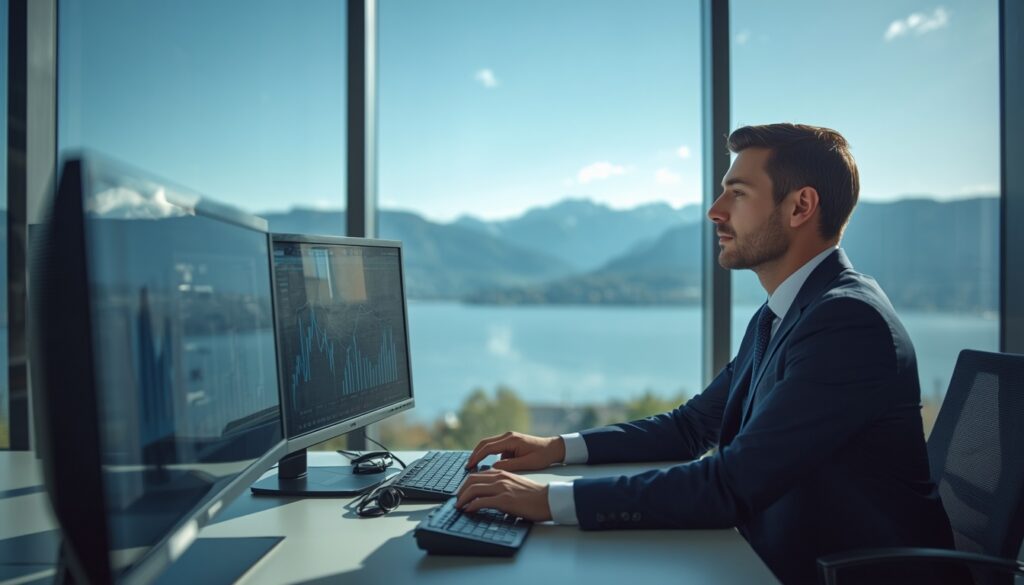 Profissional analisando relatórios em um escritório moderno em Genebra com vista para os Alpes e o Lago Genebra.
