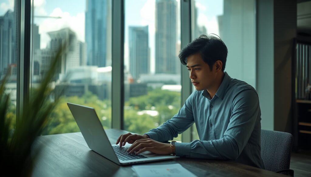 Trabalhar na Tailândia em 2026: Vagas, Visto e Custo de Vida Profissional trabalhando em um café moderno e aberto em Bangkok com vista para a cidade.