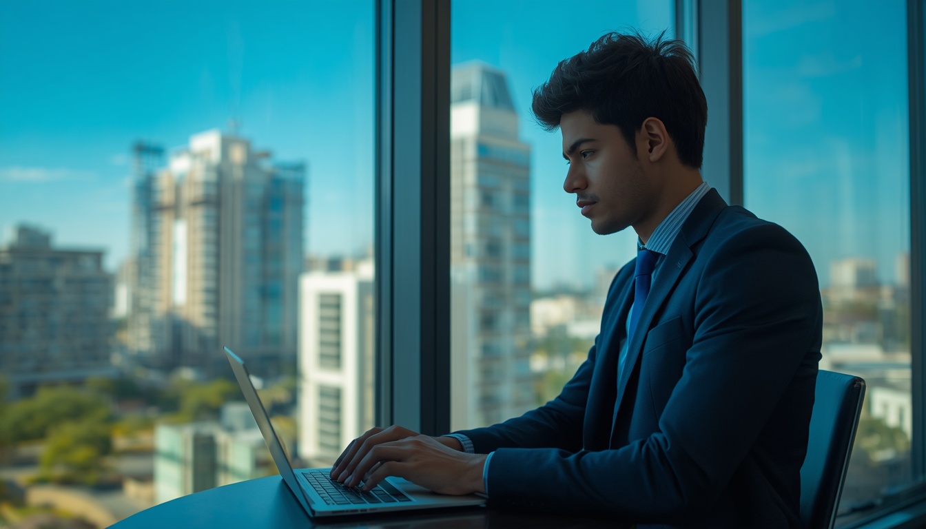 Profissional brasileiro buscando oportunidades de emprego no Paraguai em escritório moderno