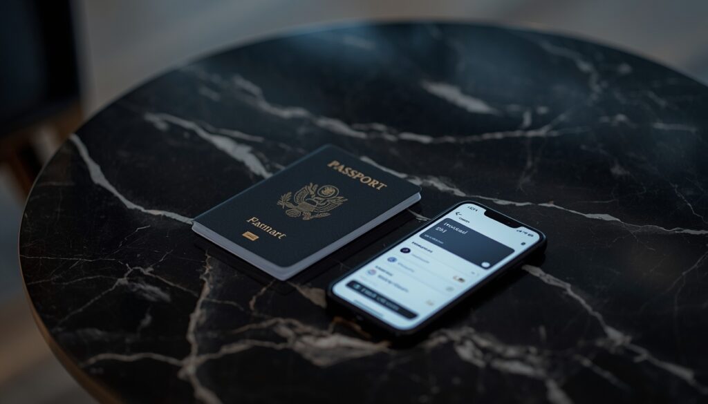 Como Usar a Nomad em Viagens Internacionais em 2026: Guia Prático Passaporte, cartão Nomad e um smartphone organizados sobre uma mesa em um lounge de aeroporto.