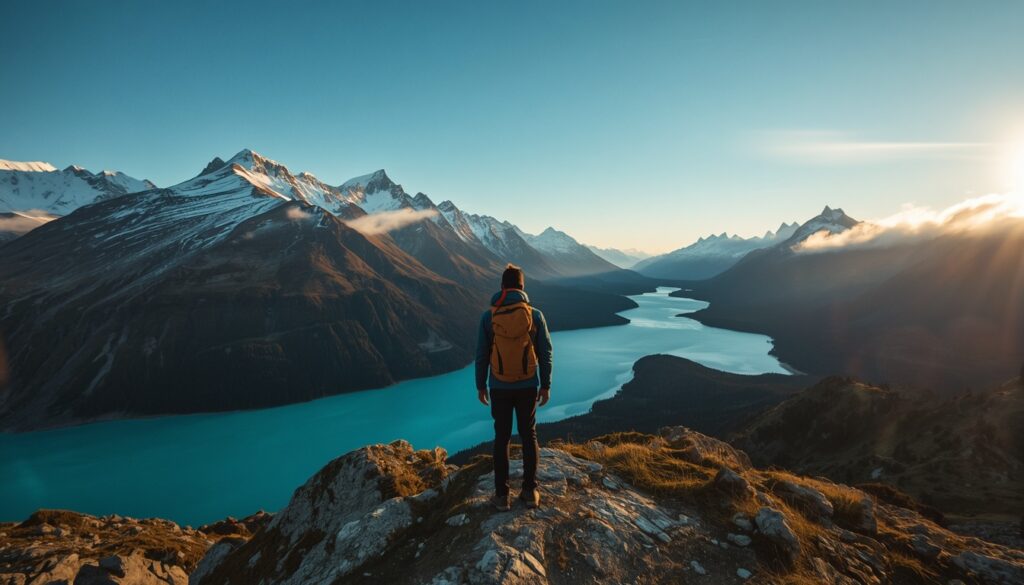 Viajar para Nova Zelândia em 2026: Guia Prático, Visto e Dicas Turista contemplando a paisagem dos Alpes do Sul na Nova Zelândia com lagos cristalinos ao fundo.