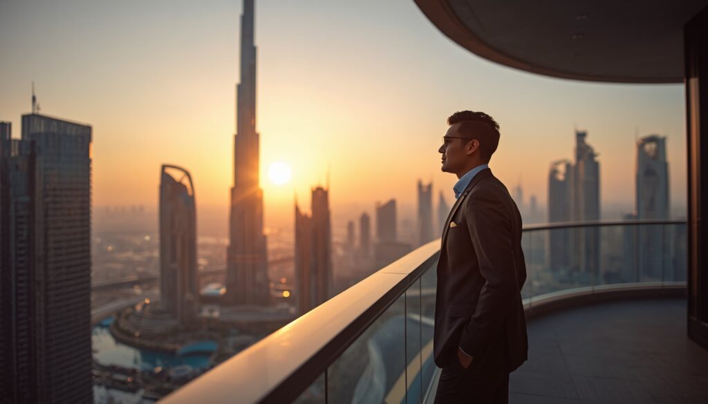 Viajar para Dubai nos Emirados Árabes: Guia Prático 2026 Turista em terraço de luxo com vista para o horizonte futurista e o Burj Khalifa em Dubai.