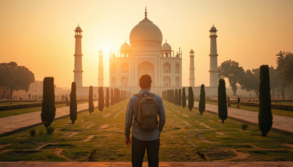 Viajar para Índia em 2026: Guia Prático, Visto e Cuidados Essenciais Viajante admirando o Taj Mahal ao amanhecer em Agra.
