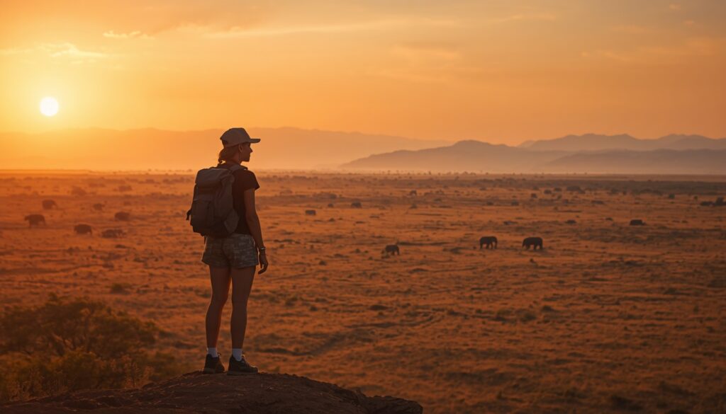 Viajar para o Continente Africano em 2026: Guia de Roteiros Uma viajante admirando a vastidão da savana africana ao pôr do sol, com montanhas distantes e a silhueta de acácias, transmitindo liberdade e conexão profunda com a natureza.
