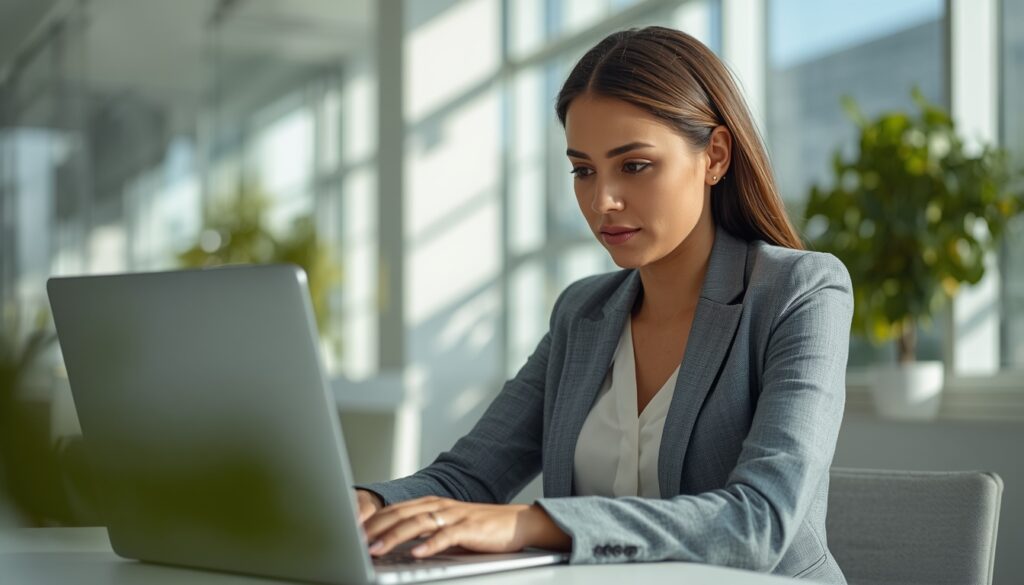 Um profissional revisando os requisitos atualizados de visto de trabalho para o Canadá em um notebook de última geração em um escritório corporativo.