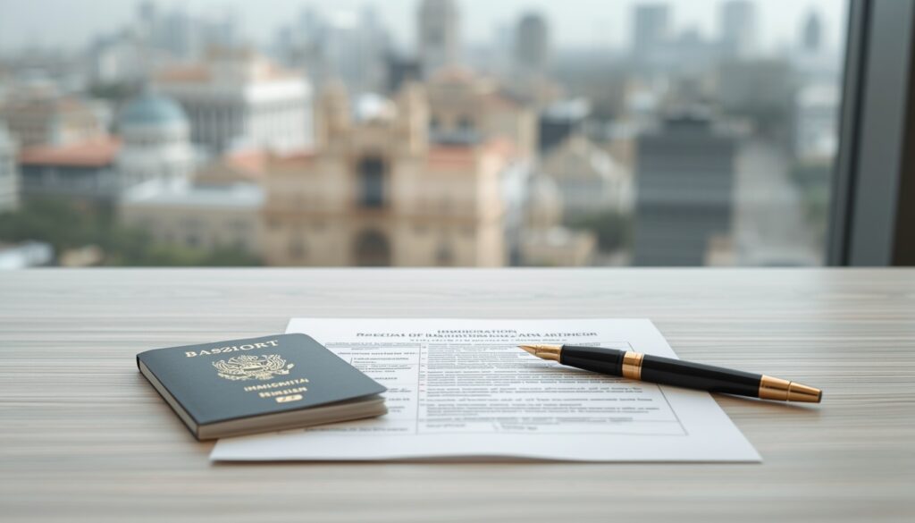 Visto de Trabalho para a Argentina em 2026: Regras e Acordo Mercosul Documentos de imigração e passaporte sobre uma mesa de escritório em Buenos Aires.