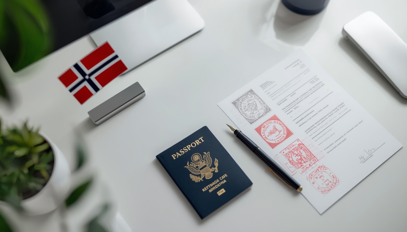 Documentos de visto de trabalho para a Noruega organizados sobre uma mesa com passaporte brasileiro e formulários do UDI
