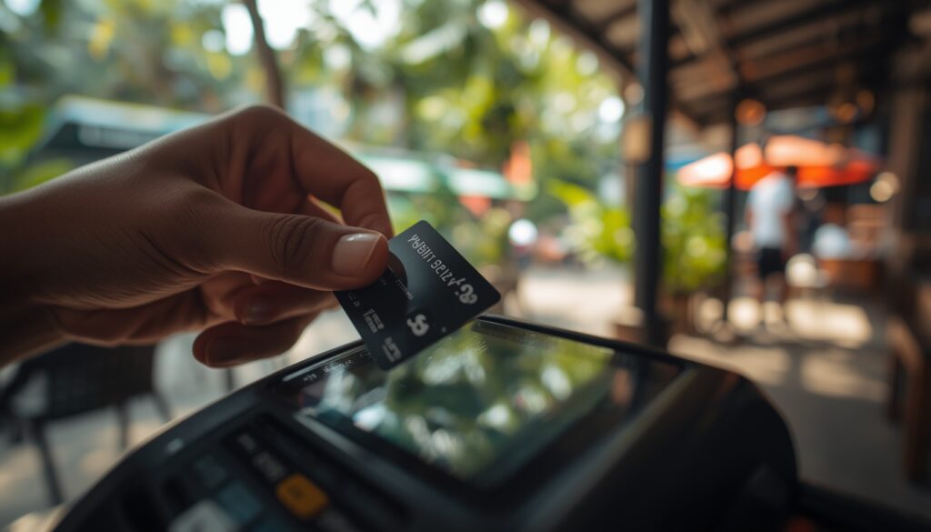 Cartão Wise na Tailândia em 2026: Funciona? Taxas e Dicas de Saque Pagamento com cartão Wise em um café charmoso em Chiang Mai com movimento local ao fundo.