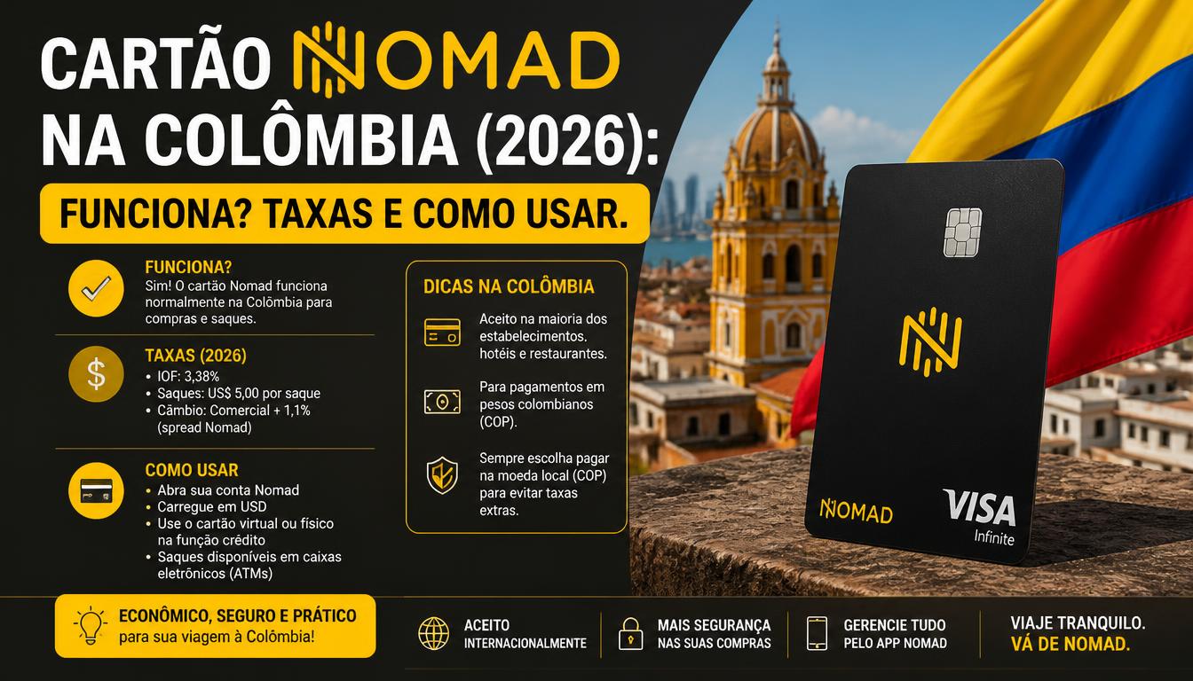 Cartão Nomad na Colômbia 2026: brasileiro pagando com conta internacional em Medellín