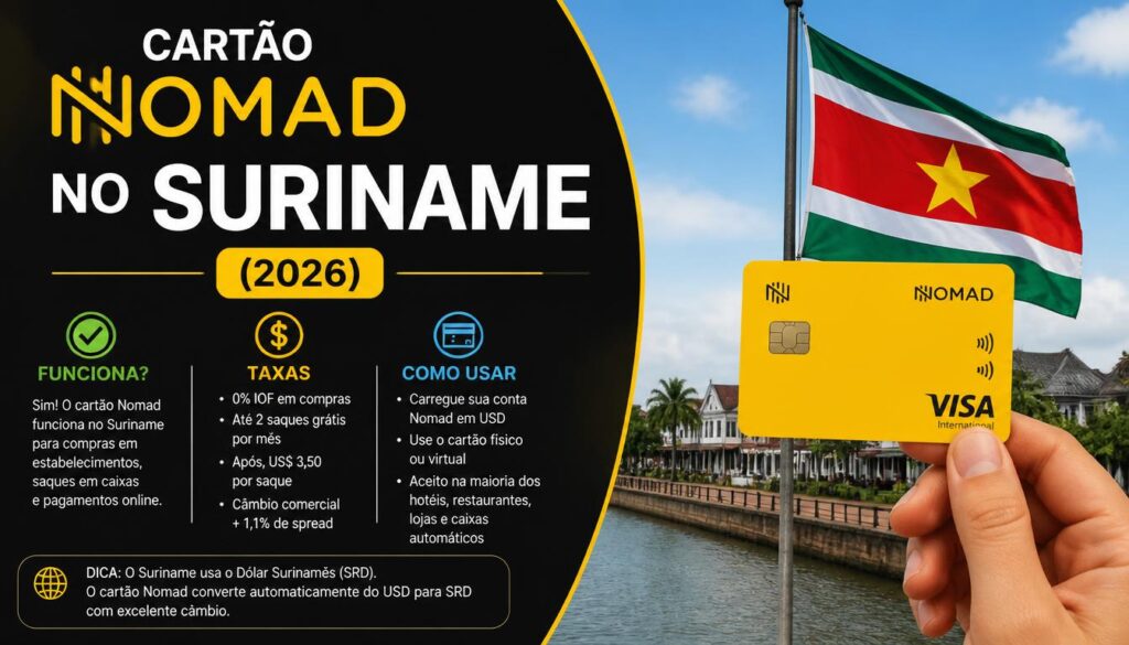 Cartão Nomad Funciona no Suriname em 2026? Guia de Uso Uma profissional sorridente conferindo anotações sobre o uso de cartões internacionais em uma charmosa cafeteria em Paramaribo.