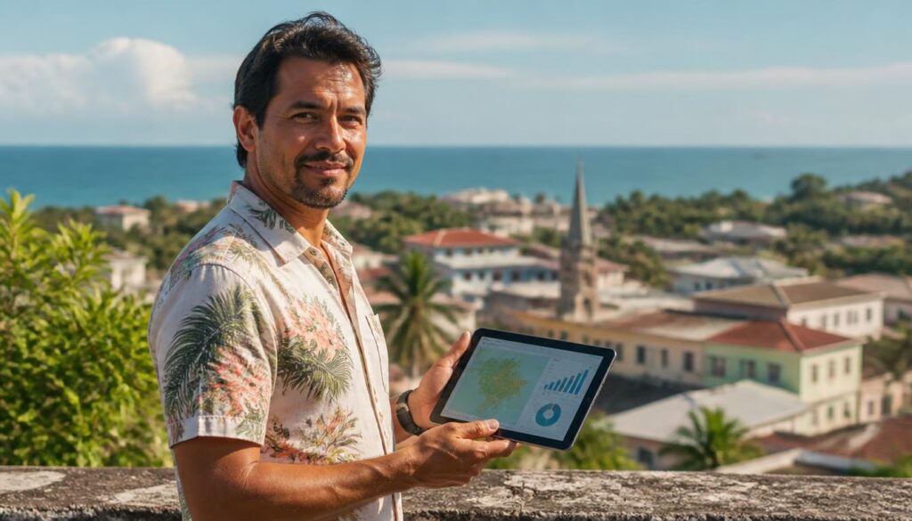 Melhores Cidades para Trabalhar na Guiana Francesa em 2026 Um profissional analisando o mapa e o centro urbano de Caiena na Guiana Francesa usando um tablet.