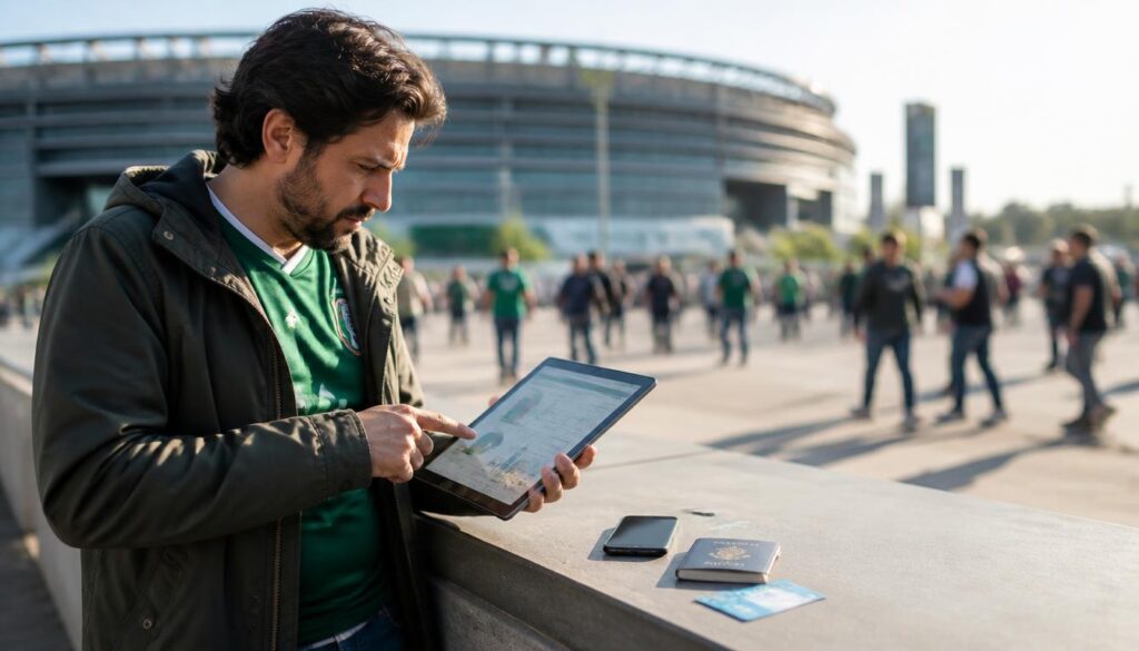 Um torcedor com camisa de futebol e boné analisando custos de viagem em um tablet em frente ao MetLife Stadium nos EUA.