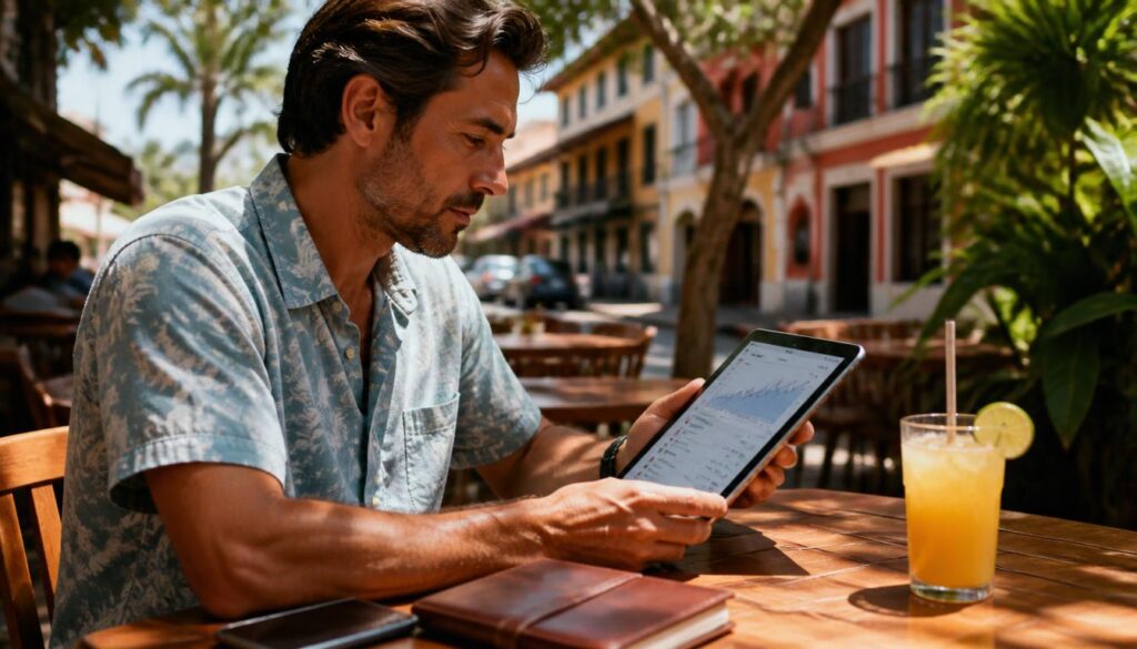 Salário Mínimo na Guiana Francesa em Reais em 2026 Um profissional calculando a conversão do salário mínimo em euros para reais em um tablet na Guiana Francesa.