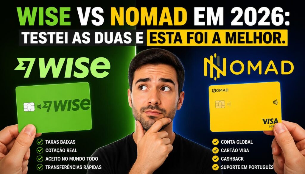Uma profissional sorridente avaliando opções de contas e cartões globais em uma cafeteria moderna.